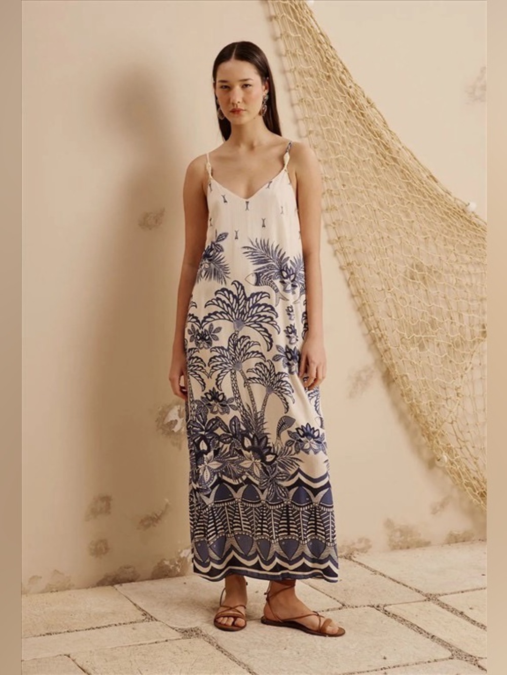 Cacay Fish Detail Ivory with Blue Prints Maxi Dress Small P